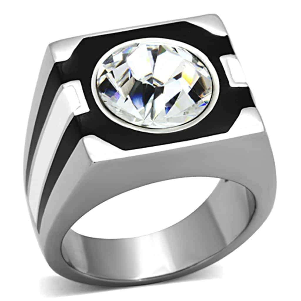 Stainless Steel CZ Round Bezel Black Enamel Mens Signet Ring view 1