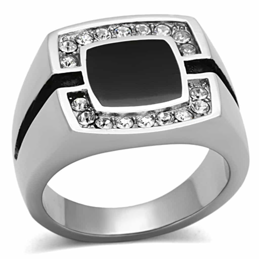 Stainless Steel Black Onyx CZ Pave Square Mens Signet Ring view 1