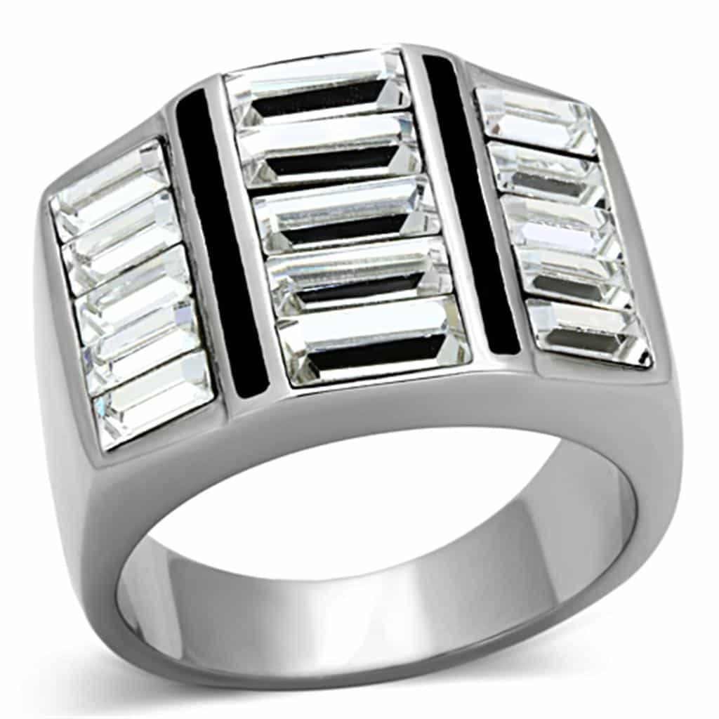 Stainless Steel CZ Baguette Channel Black Stripe Mens Signet Ring view 5