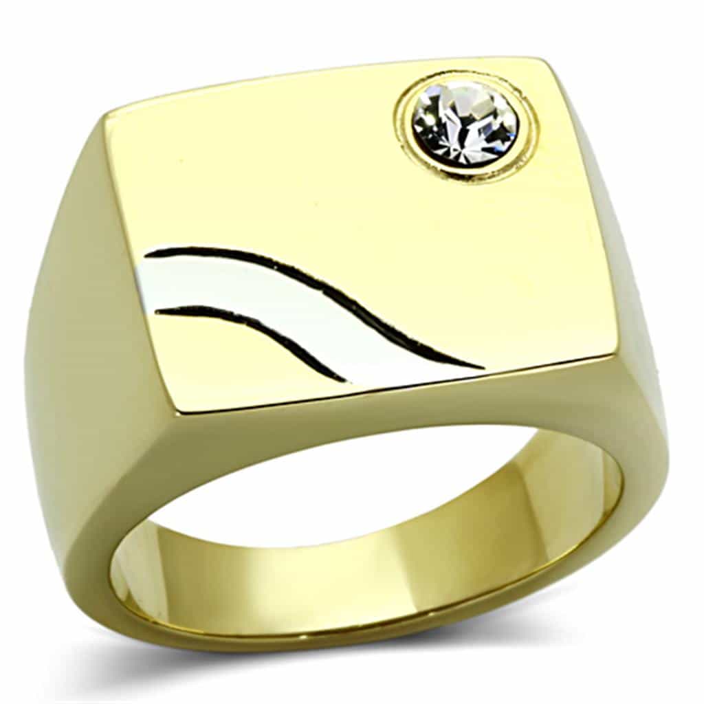 Stainless Steel Gold Polished CZ Bezel Wave Mens Signet Ring view 1