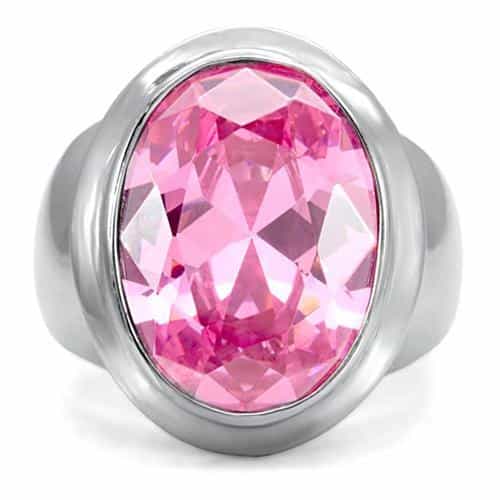 Stainless Steel Pink Oval CZ Bezel Wide Band Ring view 3