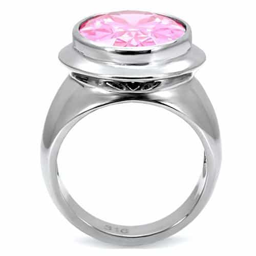 Stainless Steel Pink Oval CZ Bezel Wide Band Ring view 9