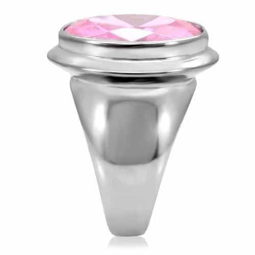 Stainless Steel Pink Oval CZ Bezel Wide Band Ring view 5