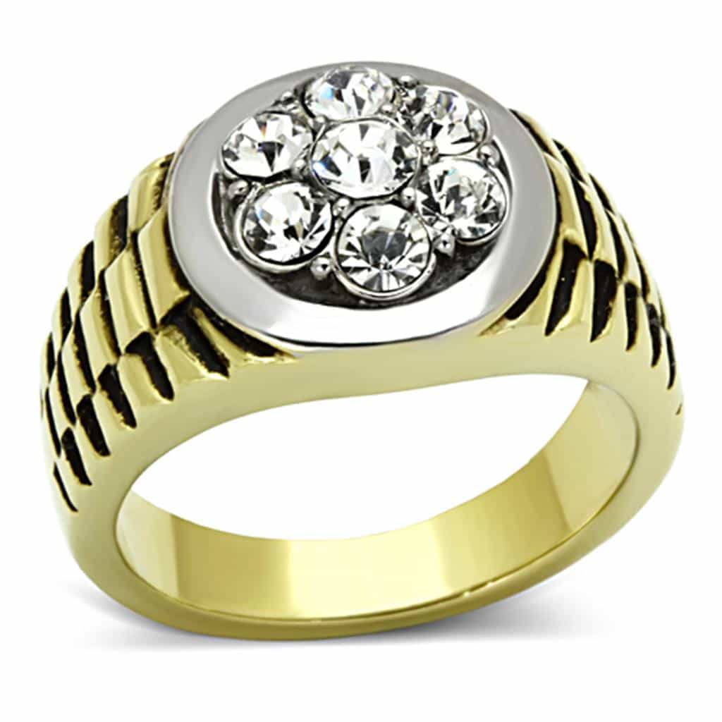 Stainless Steel CZ Cluster Round Scroll Mens Signet Ring view 1