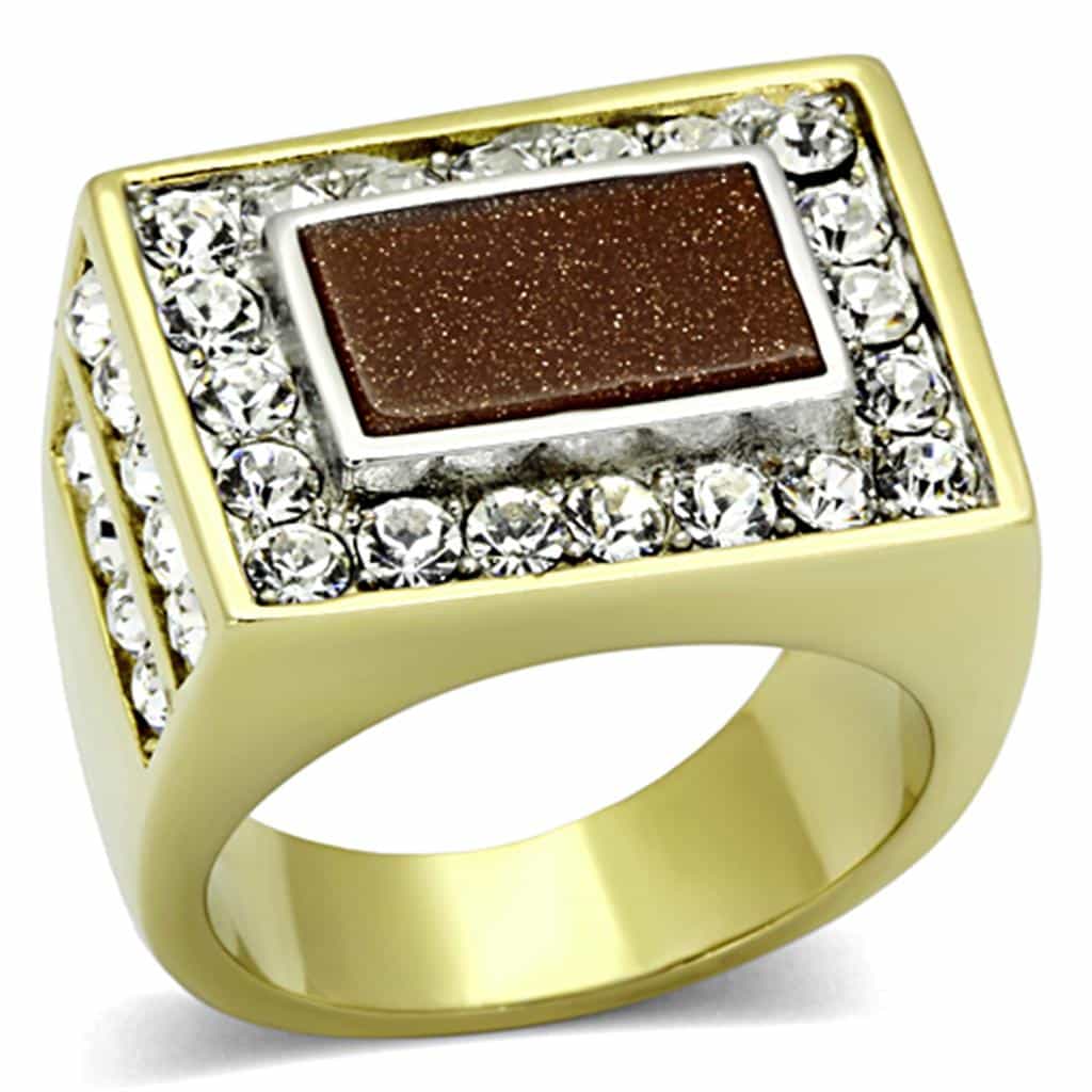Stainless Steel Gold Goldstone Rectangle CZ Halo Mens Signet Ring view 1