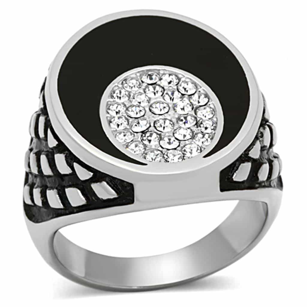 Stainless Steel Black Onyx CZ Pave Circle Eagle Wing Mens Ring view 1