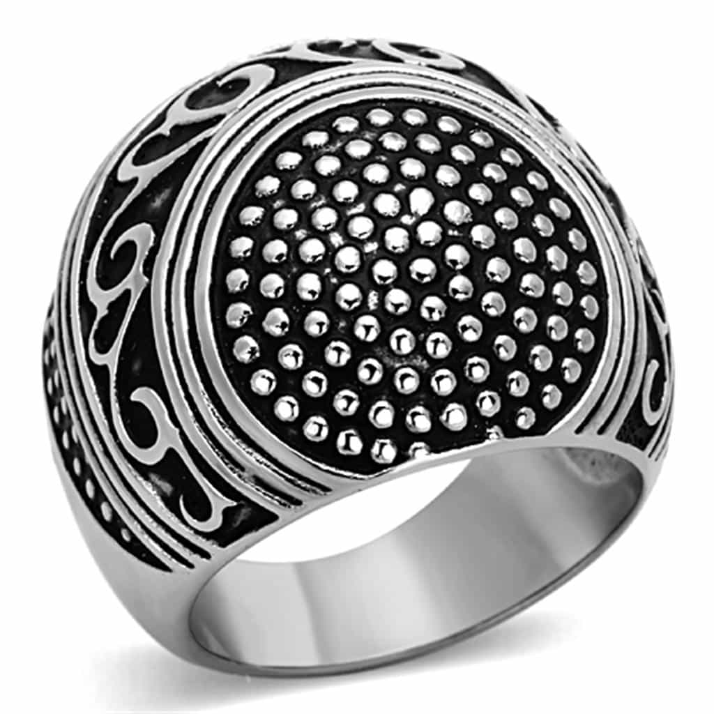 Stainless Steel Antiqued Studded Scroll Dome Ring view 1