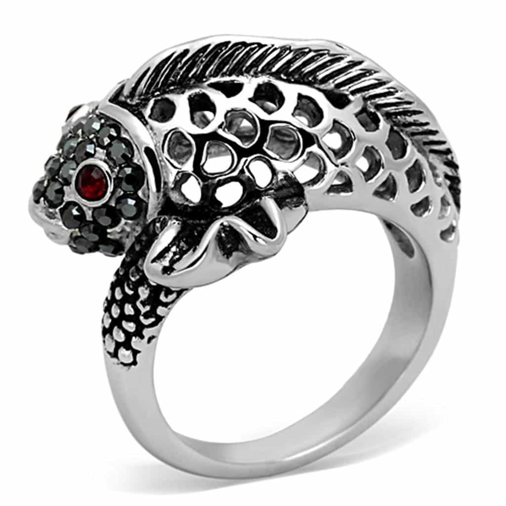 Stainless Steel Antiqued Skull Feather Wing Red CZ Ring view 5