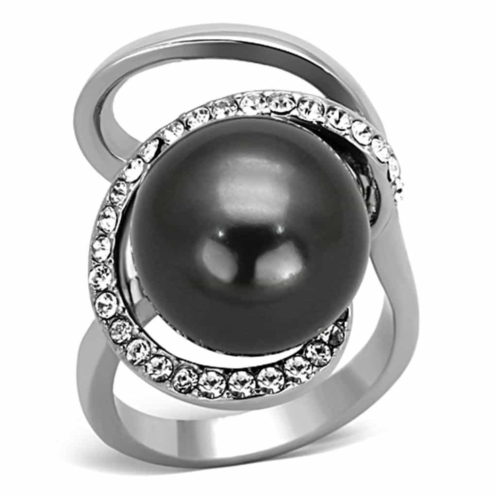 Stainless Steel Dark Pearl CZ Halo Bypass Ring view 1