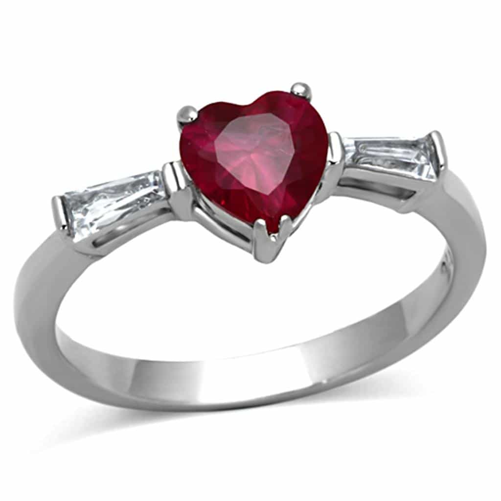 Stainless Steel Red Ruby Heart Baguette Accent Ring view 5