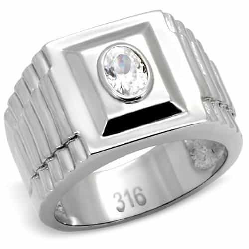 Stainless Steel CZ Round Bezel Rectangle Mens Signet Ring view 6