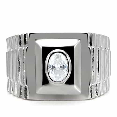 Stainless Steel CZ Round Bezel Rectangle Mens Signet Ring view 8