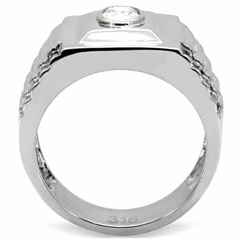 Stainless Steel CZ Round Bezel Rectangle Mens Signet Ring view 9