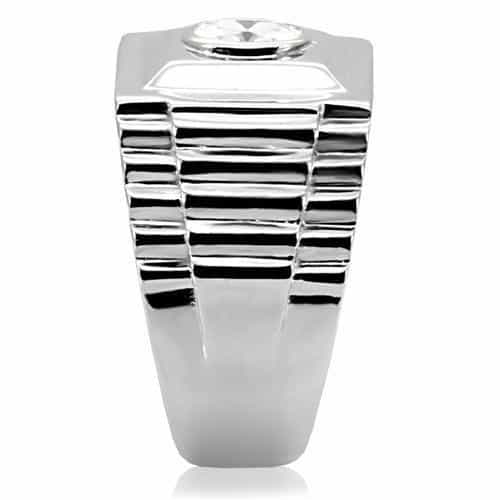 Stainless Steel CZ Round Bezel Rectangle Mens Signet Ring view 10