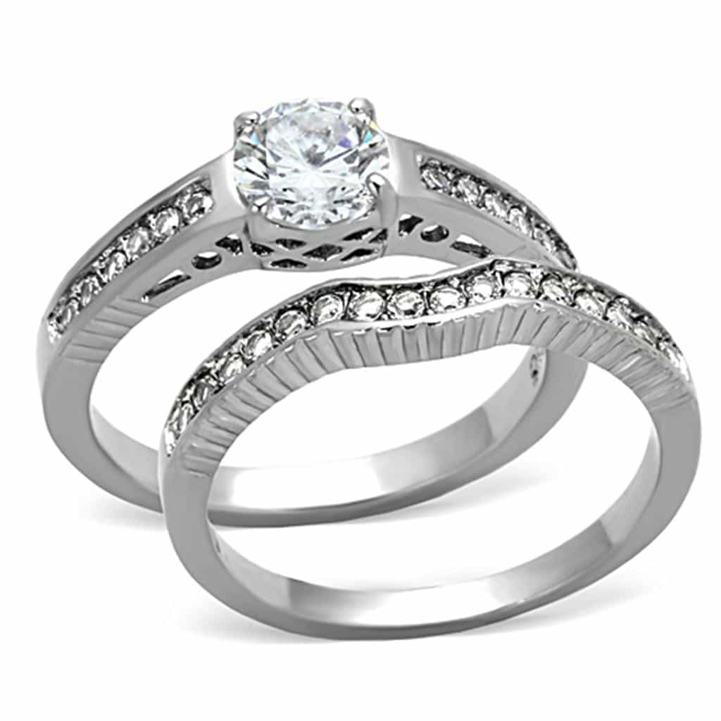 Stainless Steel CZ Round Halo Bridal Ring Set view 1