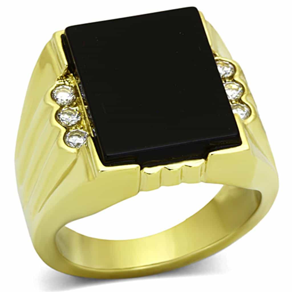 Stainless Steel Gold Black Onyx Rectangle CZ Mens Signet Ring view 1