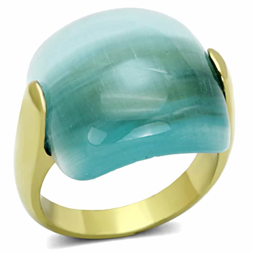 Stainless Steel Gold Aqua Cat Eye Cabochon Dome Ring view 5