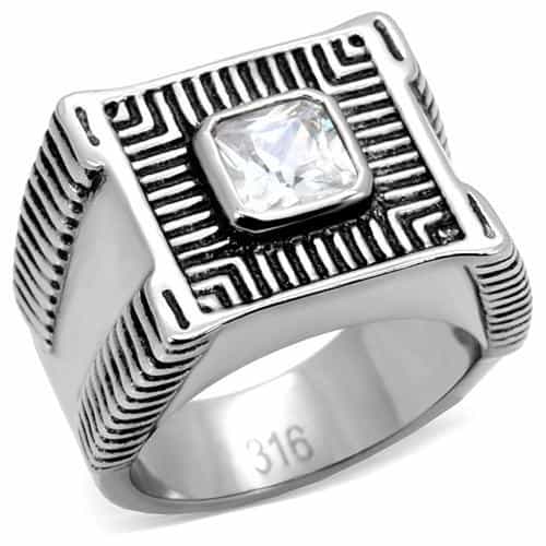 Stainless Steel CZ Princess Greek Key Mens Signet Ring view 6