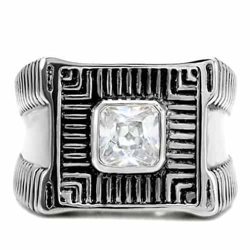 Stainless Steel CZ Princess Greek Key Mens Signet Ring view 8