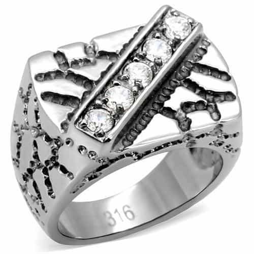 Stainless Steel CZ Diagonal Stripe Antiqued Mens Signet Ring view 6