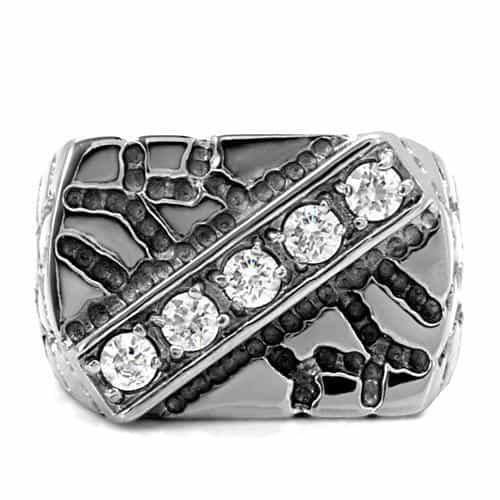 Stainless Steel CZ Diagonal Stripe Antiqued Mens Signet Ring view 8