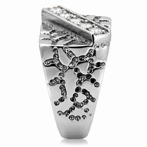 Stainless Steel CZ Diagonal Stripe Antiqued Mens Signet Ring view 10
