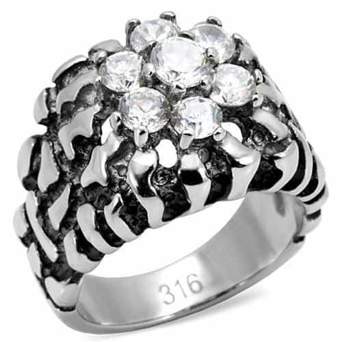 Stainless Steel CZ Round Cluster Rope Texture Cocktail Ring view 1