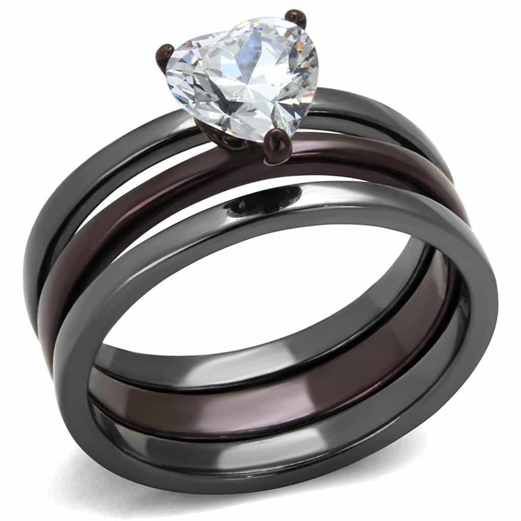 Stainless Steel Dark Tri Tone CZ Round Solitaire Stackable Ring view 6