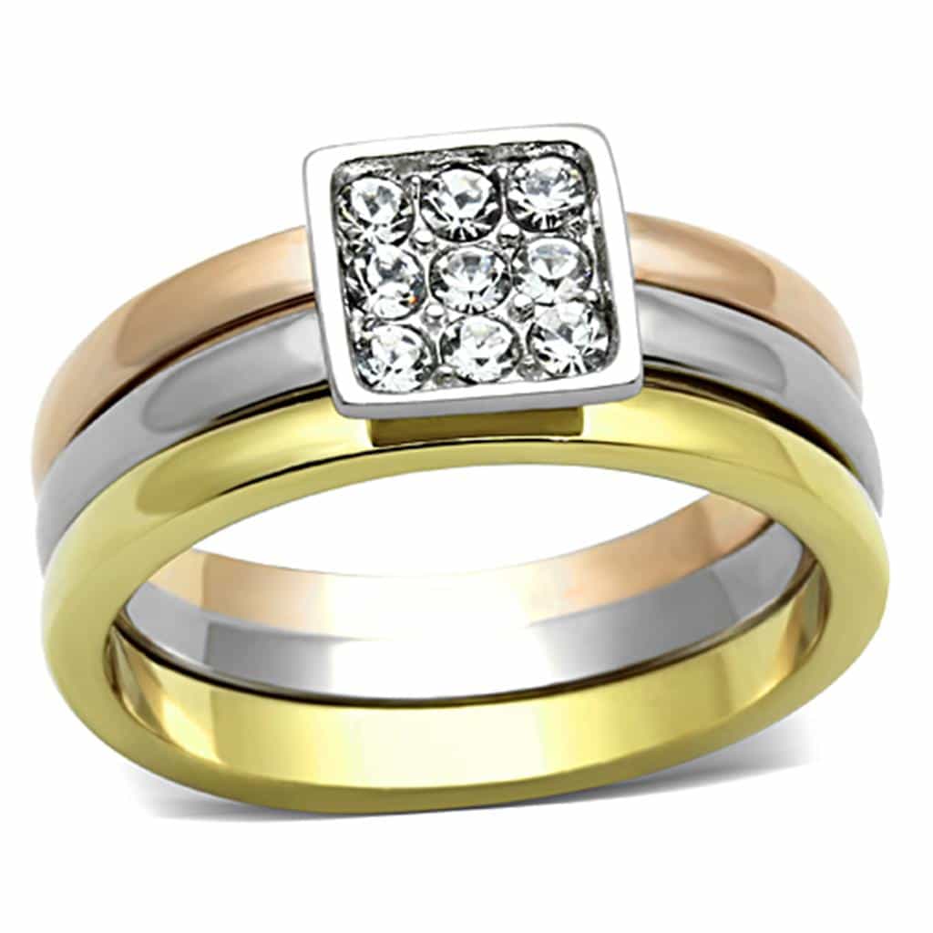 Stainless Steel Tri Color CZ Square Pave Stackable Set Ring view 1