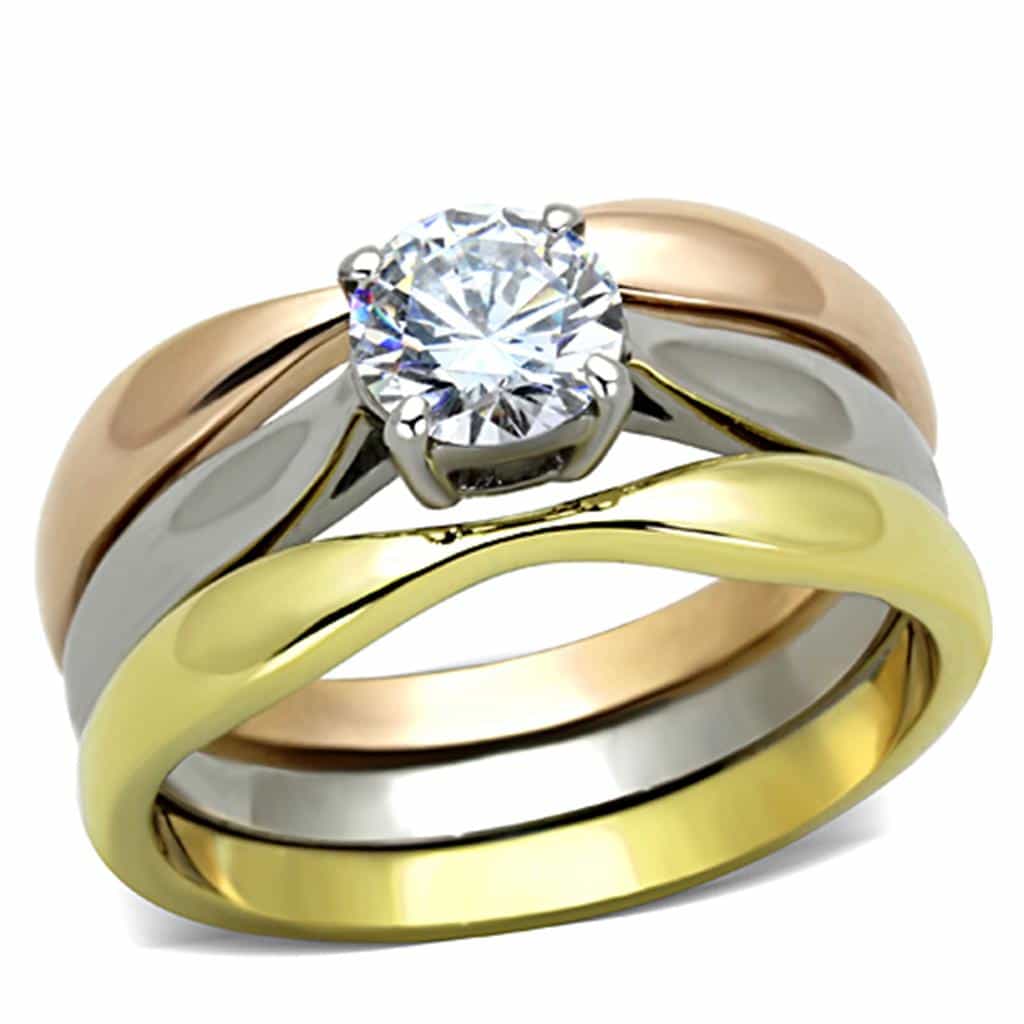 Stainless Steel Tri Color CZ Round Solitaire Stackable Set Ring view 5