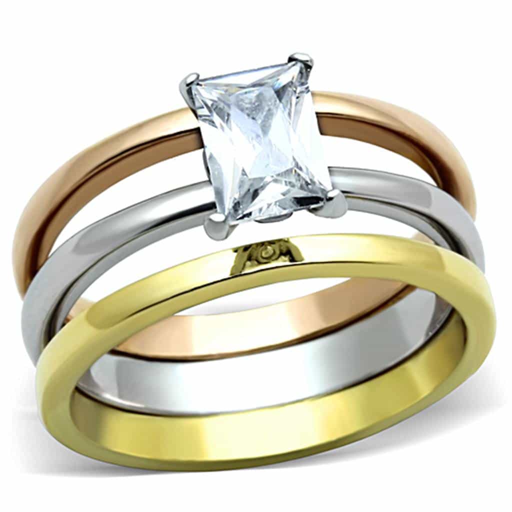 Stainless Steel Tri Color CZ Princess Solitaire Stackable Ring view 5