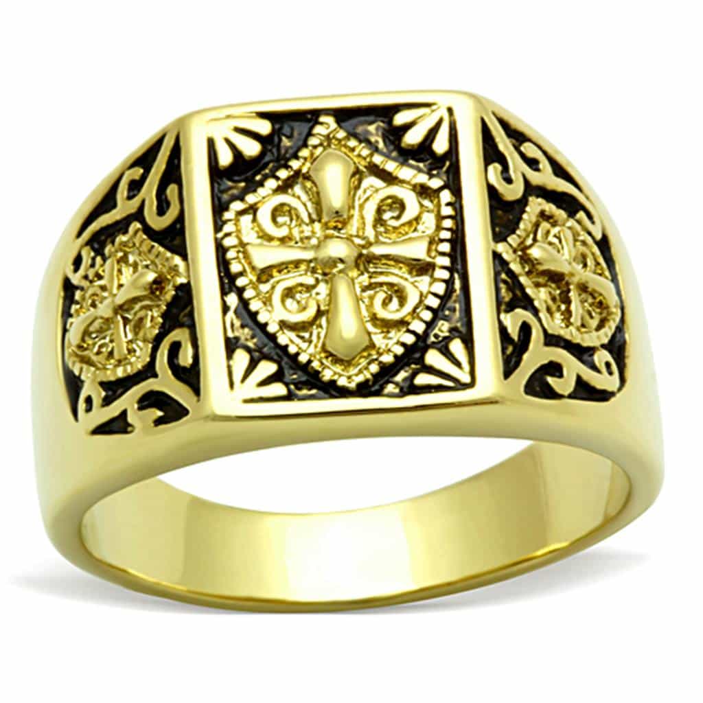 Stainless Steel Gold Fleur De Lis Filigree Mens Signet Ring view 1
