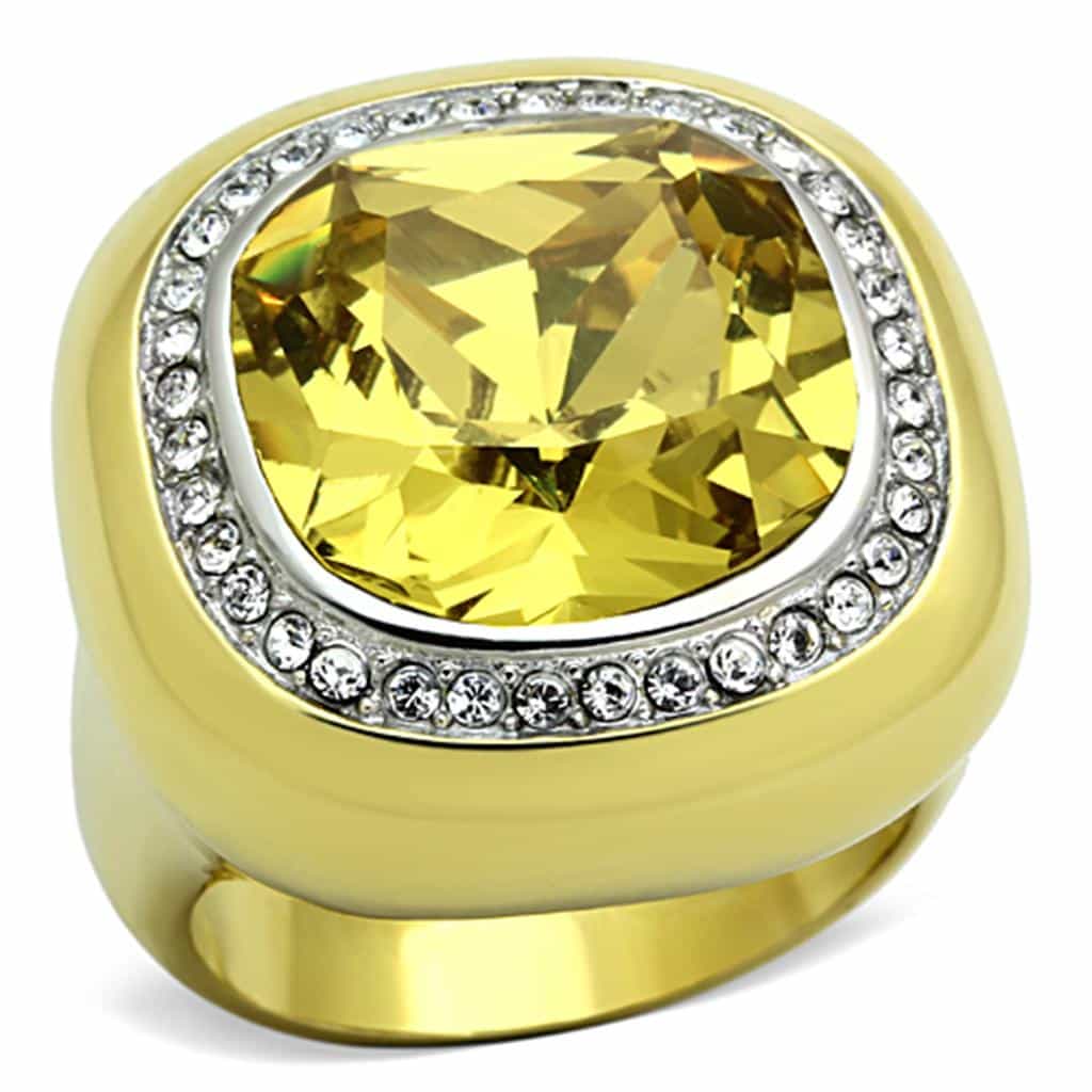 Stainless Steel Gold Champagne Cushion CZ Halo Ring view 1
