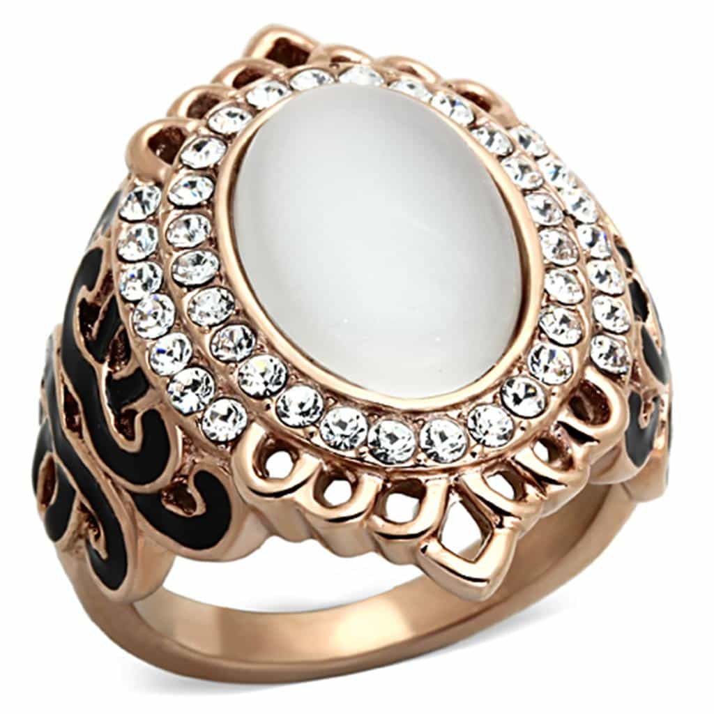 Stainless Steel Rose Gold White Oval CZ Halo Filigree Ring view 5