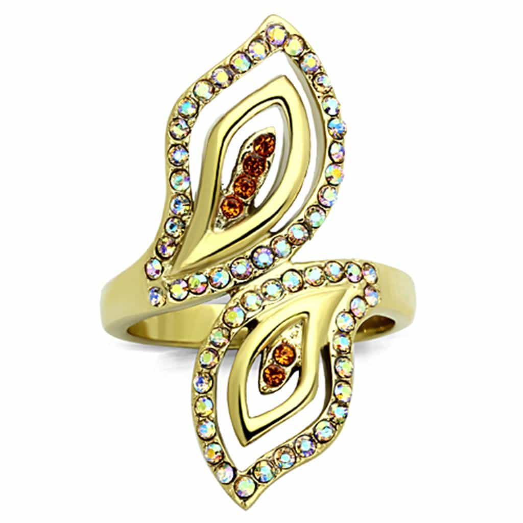 Stainless Steel Gold Aurora Borealis Crystal Marquise Leaf Ring view 5