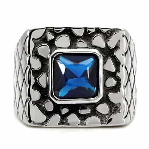 Stainless Steel Blue Sapphire Princess Checker Mens Signet Ring view 3