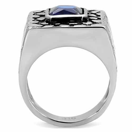 Stainless Steel Blue Sapphire Princess Checker Mens Signet Ring view 9