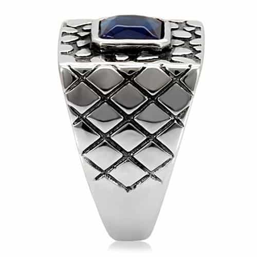 Stainless Steel Blue Sapphire Princess Checker Mens Signet Ring view 10