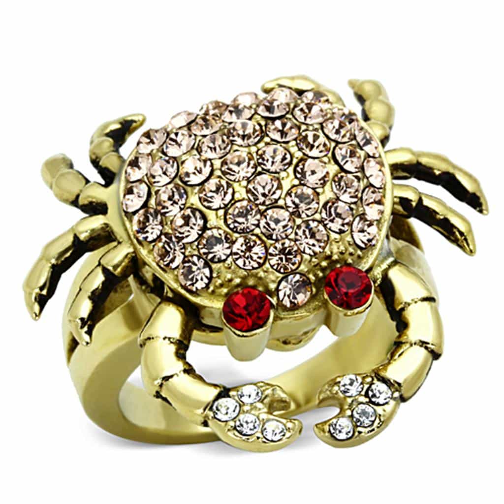 Stainless Steel Gold Crystal Pave Crab Red CZ Eyes Ring view 5