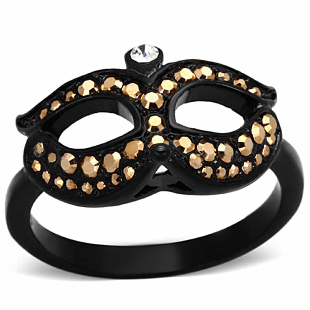 Stainless Steel Black IP Gold Crystal Masquerade Mask Ring view 5