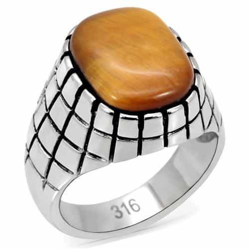 Stainless Steel Tiger Eye Oval Grid Pattern Mens Signet Ring view 1
