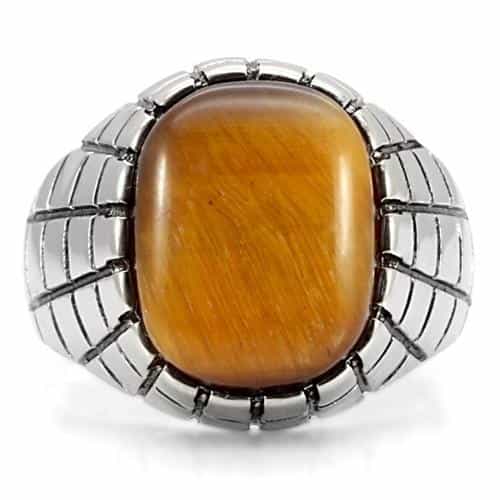 Stainless Steel Tiger Eye Oval Grid Pattern Mens Signet Ring view 3