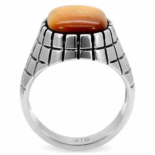 Stainless Steel Tiger Eye Oval Grid Pattern Mens Signet Ring view 9