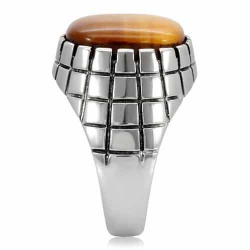 Stainless Steel Tiger Eye Oval Grid Pattern Mens Signet Ring view 10