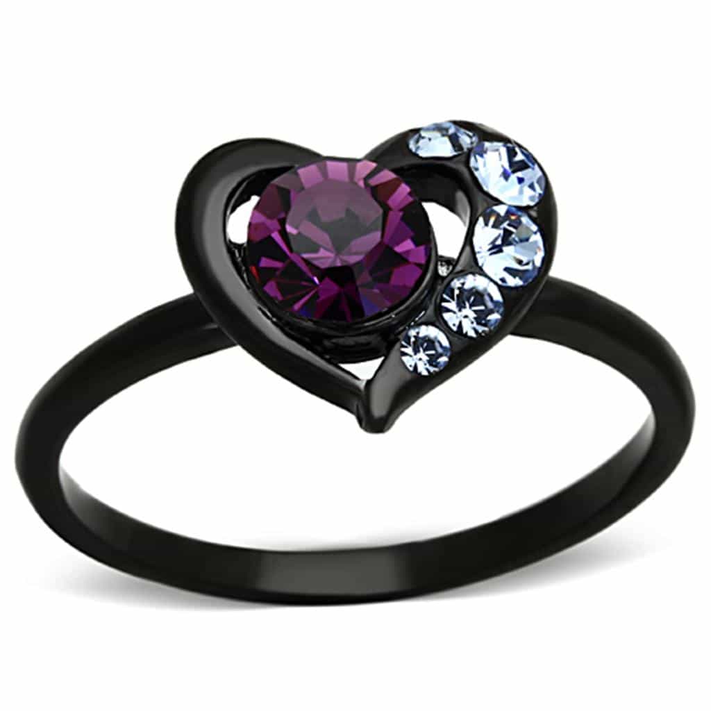 Stainless Steel Black IP Purple Round Crystal Heart Halo Ring view 5