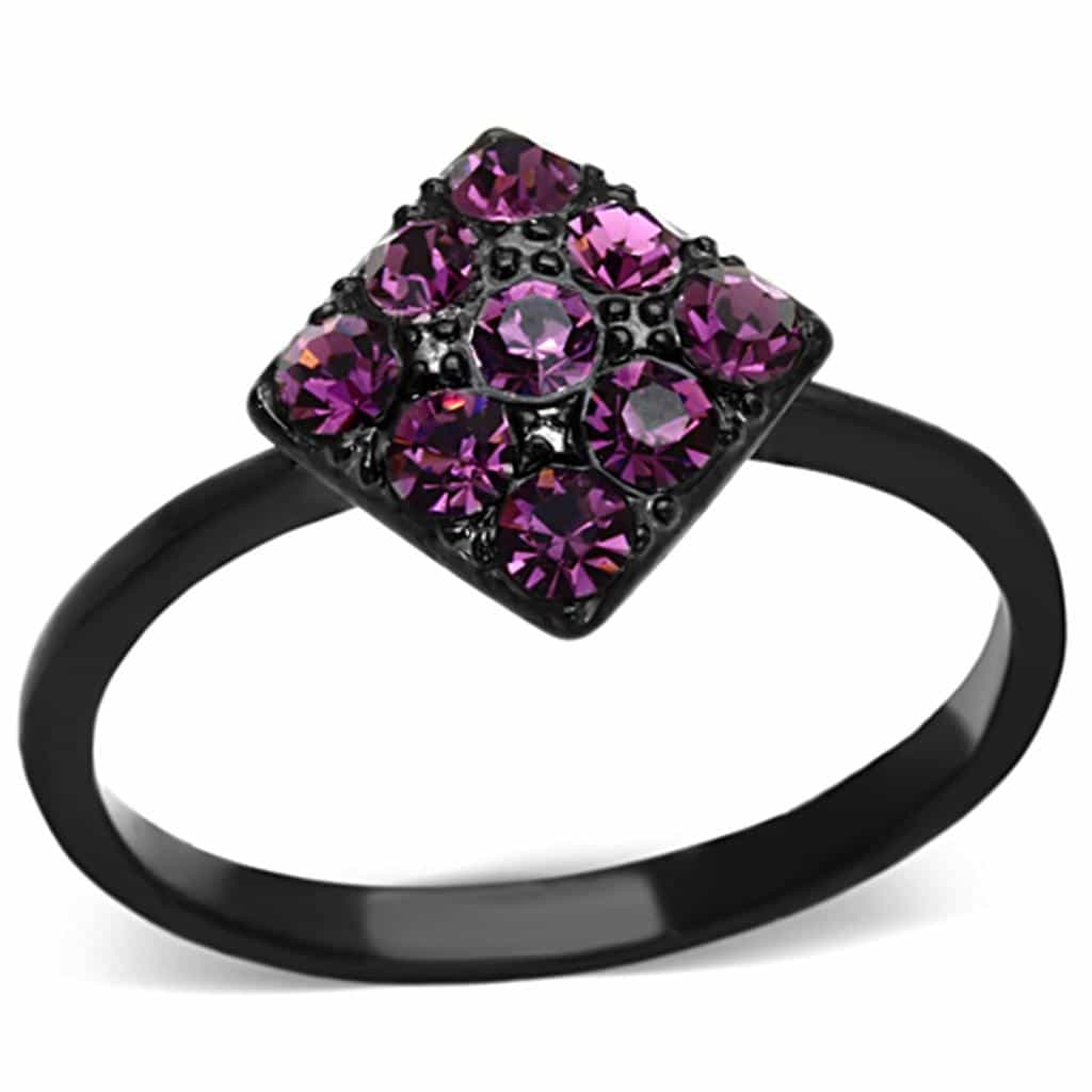 Stainless Steel Black IP Fuchsia Crystal Square Cluster Ring view 1