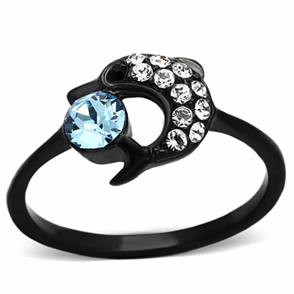 Stainless Steel Black IP Aqua Blue Round Crystal Swirl Ring view 1