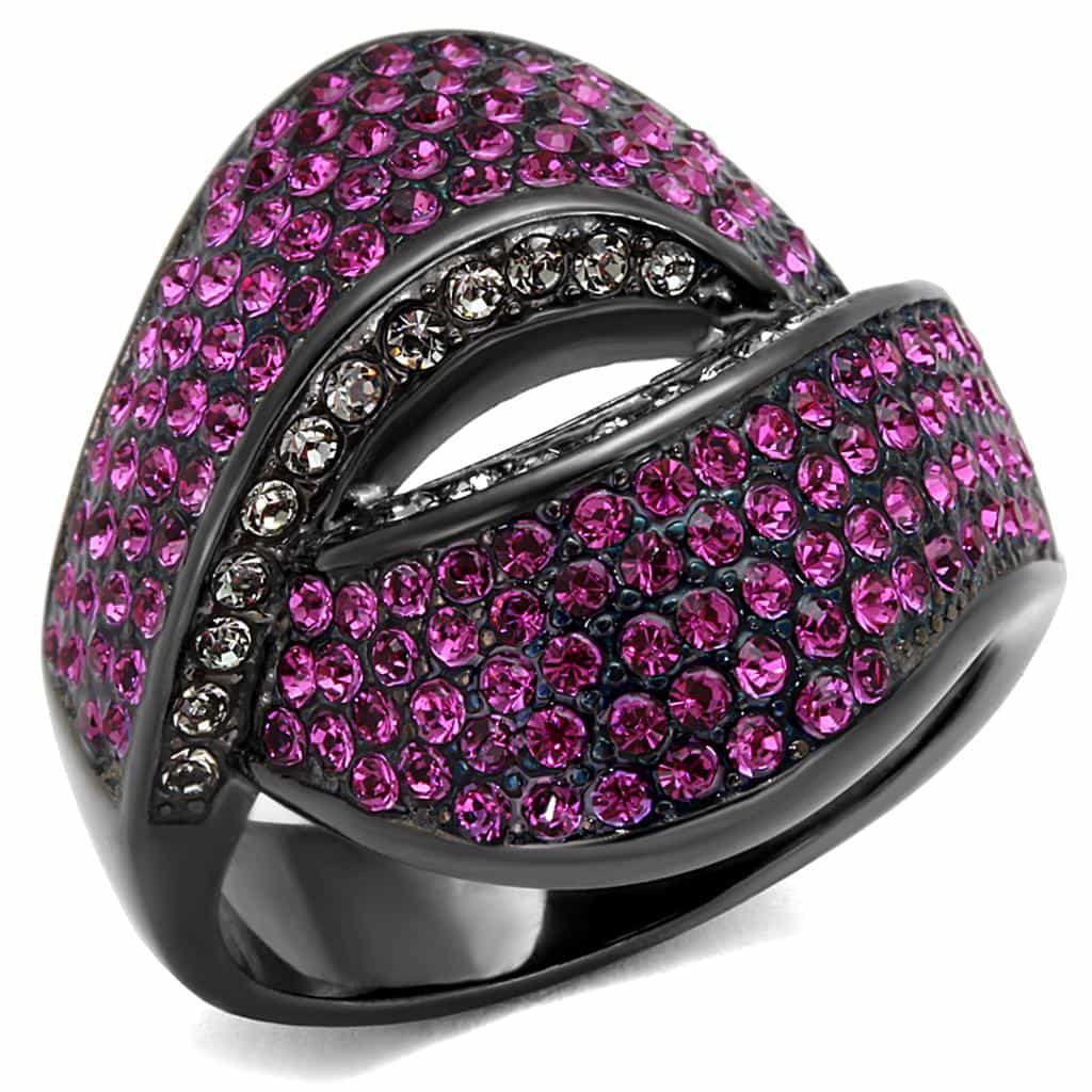 Stainless Steel Black IP Fuchsia Crystal Pave Crossover Dome Ring view 5