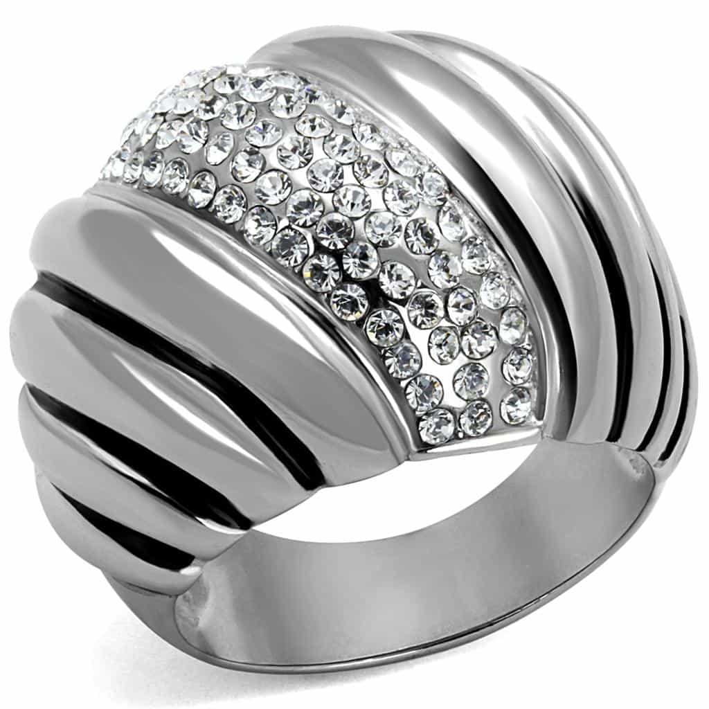 Stainless Steel CZ Pave Ribbed Stripe Dome Ring view 1