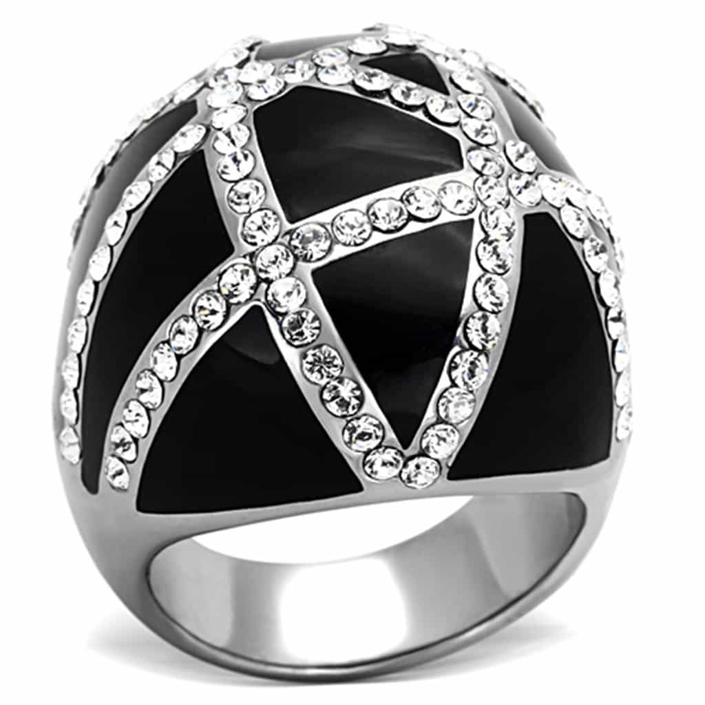 Stainless Steel Black Enamel CZ Geometric Triangle Dome Ring view 5